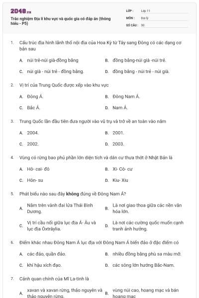 Trắc nghiệm Địa lí khu vực và quốc gia có đáp án (thông hiểu - P5)