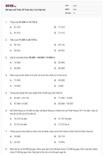 Bài tập cuối Tuần 28 Toán lớp 3 (có đáp án)