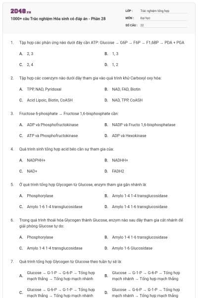 1000+ câu Trắc nghiệm Hóa sinh có đáp án - Phần 28