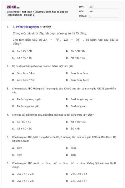 Đề kiểm tra 1 tiết Toán 7 Chương 3 Hình học có đáp án (Trắc nghiệm - Tự luận 3)