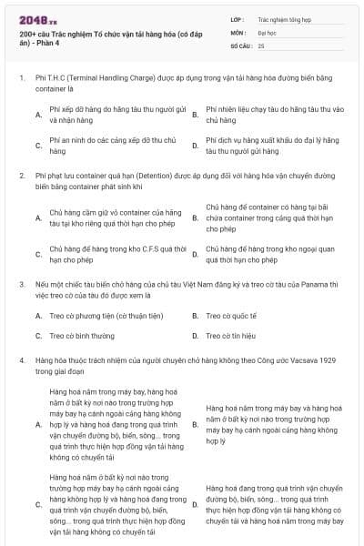 200+ câu Trắc nghiệm Tổ chức vận tải hàng hóa (có đáp án) - Phần 4