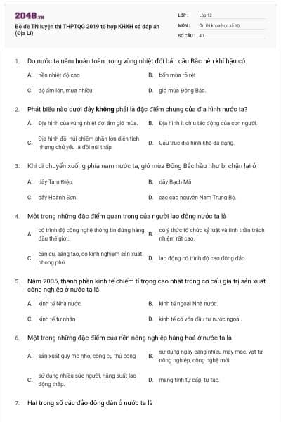 Bộ đề TN luyện thi THPTQG 2019 tổ hợp KHXH có đáp án (Địa Lí)