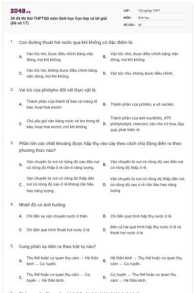 30 đề thi thử THPTQG môn Sinh học Cực hay có lời giải (Đề số 17)