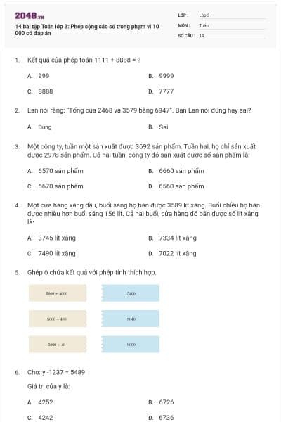 14 bài tập Toán lớp 3: Phép cộng các số trong phạm vi 10 000 có đáp án