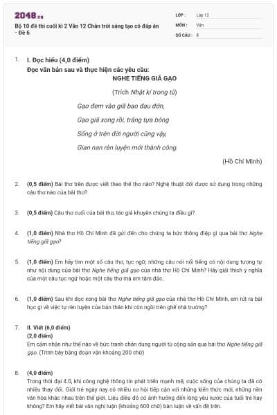 Bộ 10 đề thi cuối kì 2 Văn 12 Chân trời sáng tạo có đáp án - Đề 6