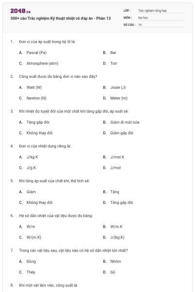 300+ câu Trắc nghiệm Kỹ thuật nhiệt có đáp án - Phần 13
