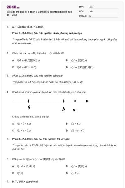 Bộ 5 đề thi giữa kì 1 Toán 7 Cánh diều cấu trúc mới có đáp án - Đề 2