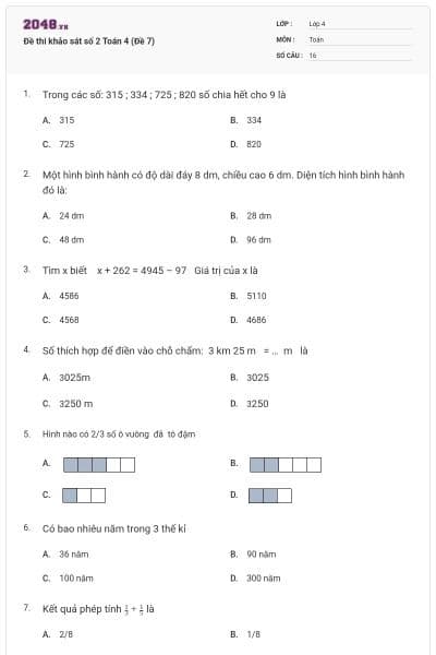 Đề thi khảo sát số 2 Toán 4 (Đề 7)