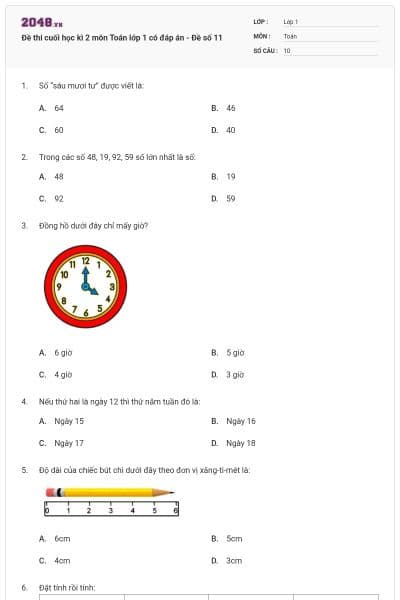 Đề thi cuối học kì 2 môn Toán lớp 1 có đáp án - Đề số 11
