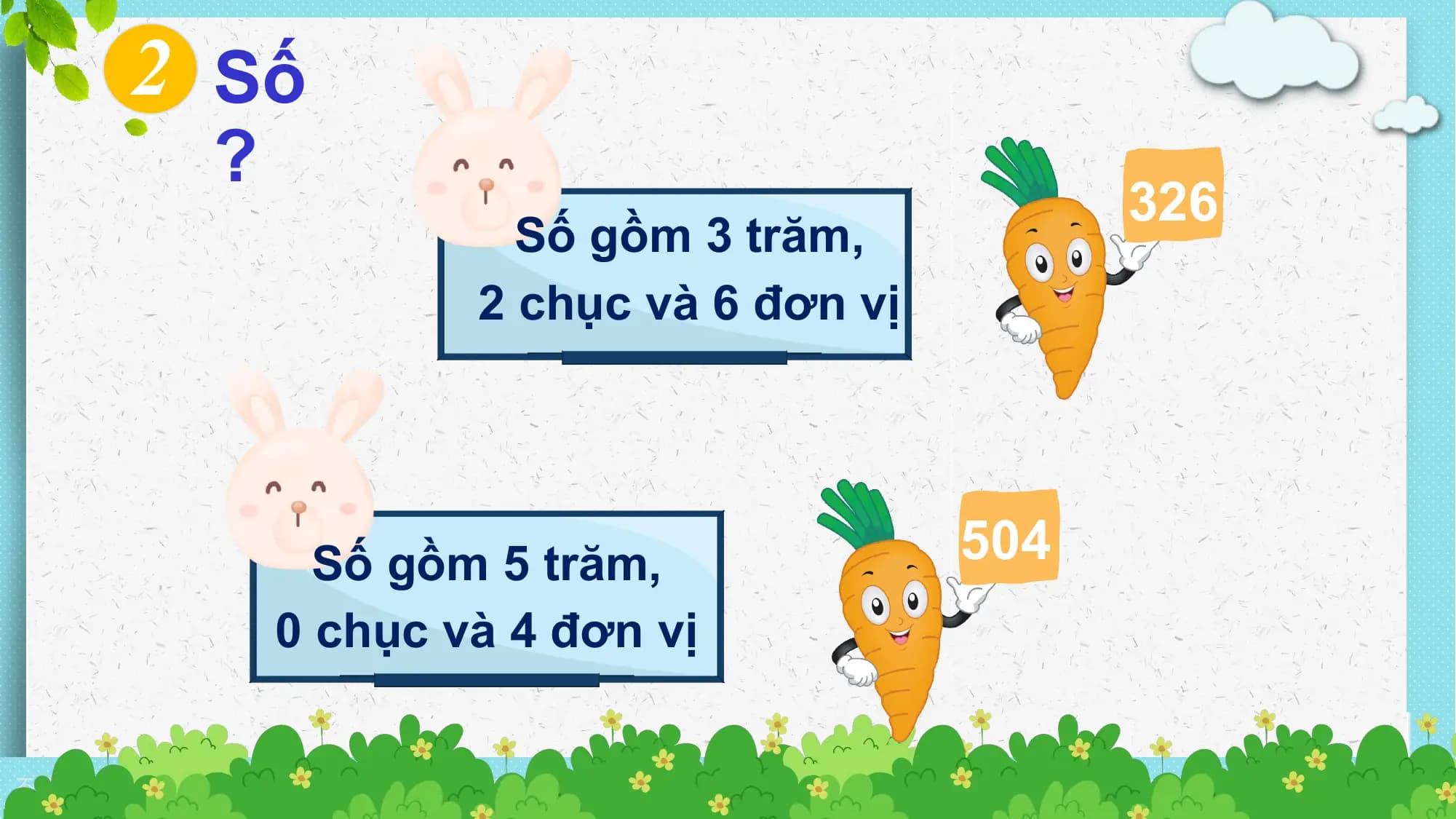 2 Số
 ?
 326
 Số gồm 3 trăm,
 2 chục và 6 đơn vị

 Số gồm 5 trăm, 504
 0 chục và 4 đơn vị

不得将觅知网的PPT模板、PPT素材，本身用于再出售，或者出租、出借、转让、分销、发布或者作为礼物供他人使用，不得转授权、出卖、转让本协议或者本协议中的权利。