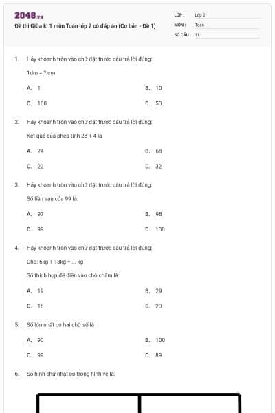 Đề thi Giữa kì 1 môn Toán lớp 2 có đáp án (Cơ bản - Đề 1)