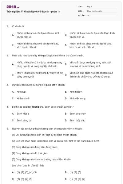 Trắc nghiệm Vi khuẩn lớp 6 (có đáp án - phần 1)