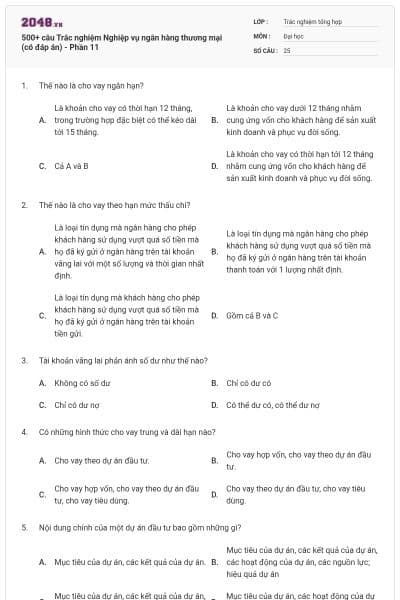 500+ câu Trắc nghiệm Nghiệp vụ ngân hàng thương mại (có đáp án) - Phần 11