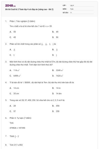 Đề thi Cuối kì 2 Toán lớp 4 có đáp án (nâng cao - Đề 2)