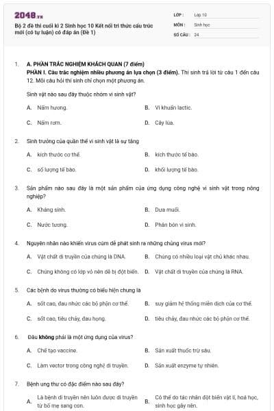 Bộ 2 đề thi cuối kì 2 Sinh học 10 Kết nối tri thức cấu trúc mới (có tự luận) có đáp án (Đề 1)
