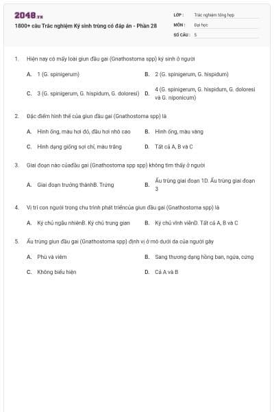 1800+ câu Trắc nghiệm Ký sinh trùng có đáp án - Phần 28