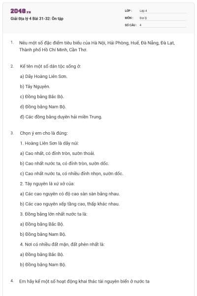 Giải Địa lý 4 Bài 31-32: Ôn tập