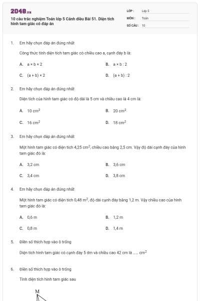 10 câu trắc nghiệm Toán lớp 5 Cánh diều Bài 51. Diện tích hình tam giác có đáp án