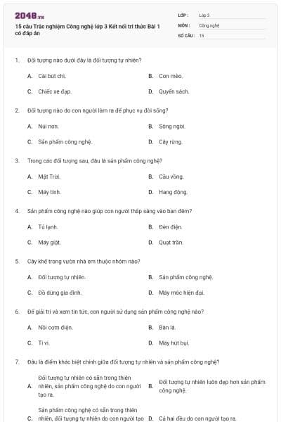 15 câu Trắc nghiệm Công nghệ lớp 3 Kết nối tri thức Bài 1 có đáp án