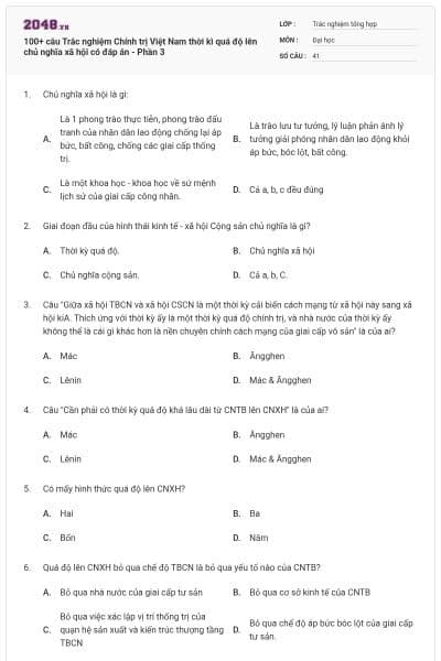 100+ câu Trắc nghiệm Chính trị Việt Nam thời kì quá độ lên chủ nghĩa xã hội có đáp án - Phần 3