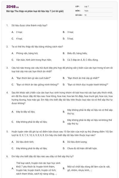 Bài tập Thu thập và phân loại dữ liệu lớp 7 (có lời giải)