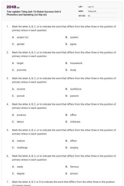 Trắc nghiệm Tiếng Anh 10 Global Success Unit 6 Phonetics and Speaking (có đáp án)