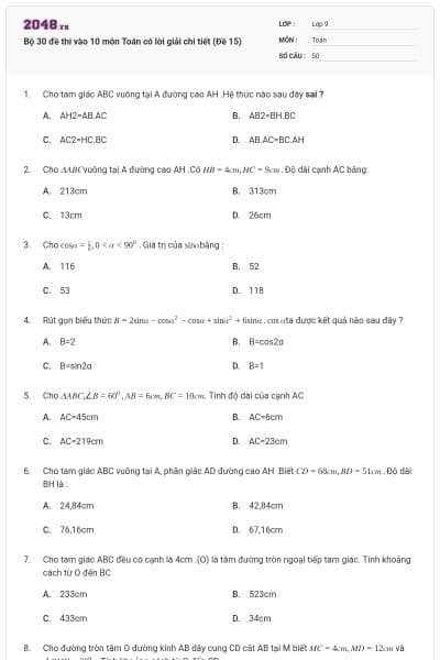 Bộ 30 đề thi vào 10 môn Toán có lời giải chi tiết (Đề 15)