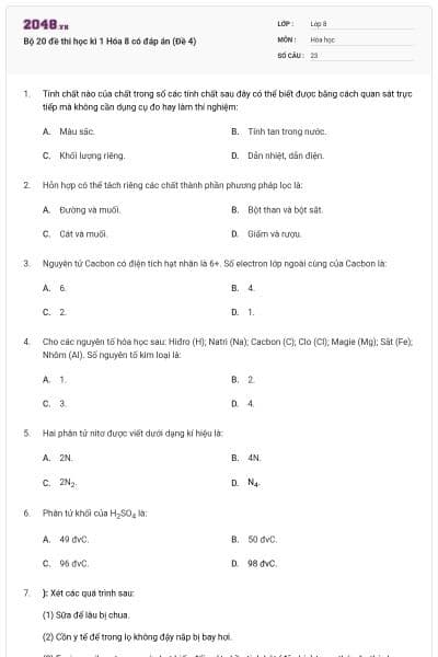 Bộ 20 đề thi học kì 1 Hóa 8 có đáp án (Đề 4)