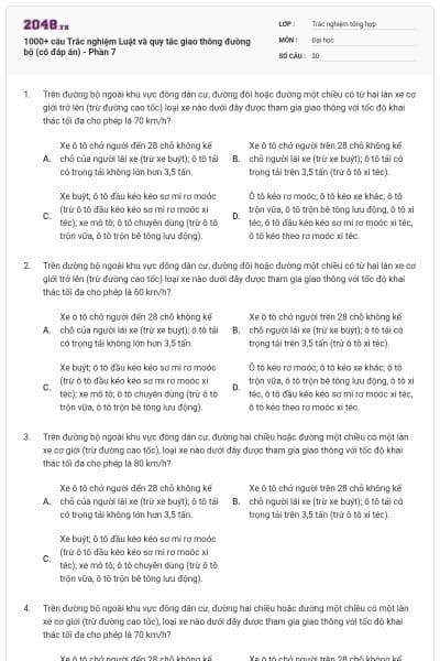 1000+ câu Trắc nghiệm Luật và quy tắc giao thông đường bộ (có đáp án) - Phần 7