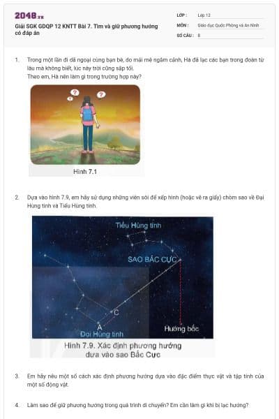 Giải SGK GDQP 12 KNTT Bài 7. Tìm và giữ phương hướng có đáp án