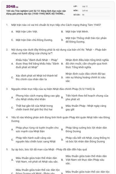 160 câu Trắc nghiệm Lịch Sử 12: Đảng lãnh đạo cuộc vận động giải phóng dân tộc (1930-1945)  MỨC ĐỘ THÔNG HIỂU(P2)