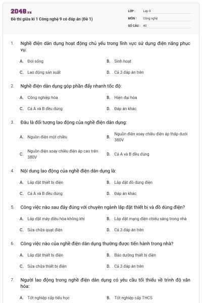 Đề thi giữa kì 1 Công nghệ 9 có đáp án (Đề 1)