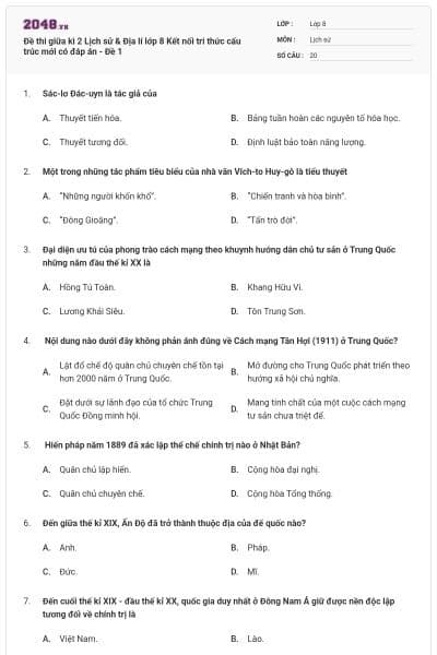Đề thi giữa kì 2 Lịch sử & Địa lí lớp 8 Kết nối tri thức cấu trúc mới có đáp án - Đề 1