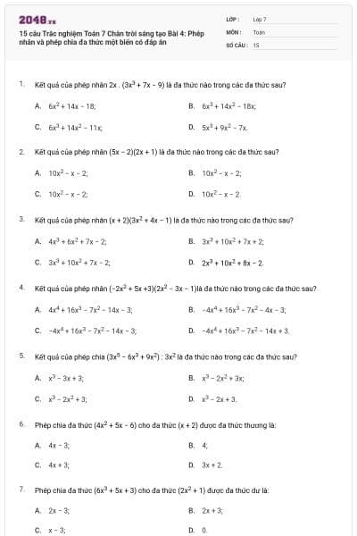 15 câu Trắc nghiệm Toán 7 Chân trời sáng tạo Bài 4: Phép nhân và phép chia đa thức một biến có đáp án