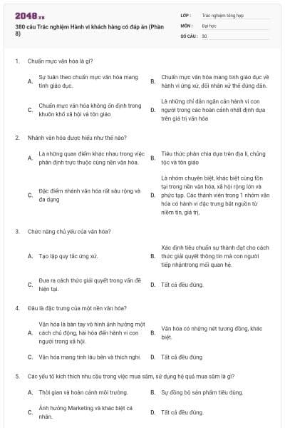 380 câu Trắc nghiệm Hành vi khách hàng có đáp án (Phần 8)