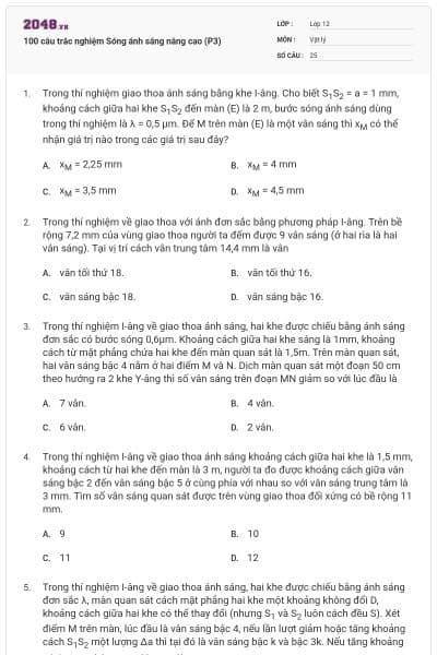 100 câu trắc nghiệm Sóng ánh sáng nâng cao (P3)