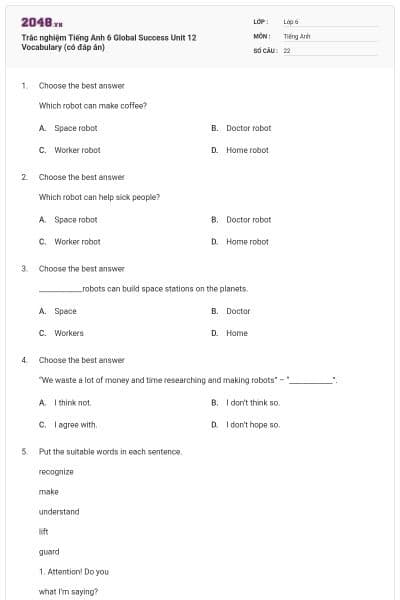Trắc nghiệm Tiếng Anh 6 Global Success Unit 12 Vocabulary (có đáp án)