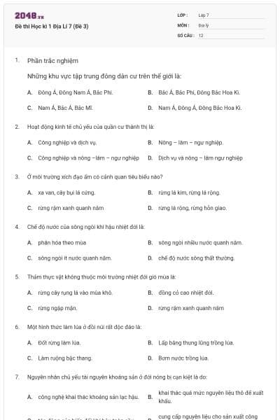 Đề thi Học kì 1 Địa Lí 7 (Đề 3)