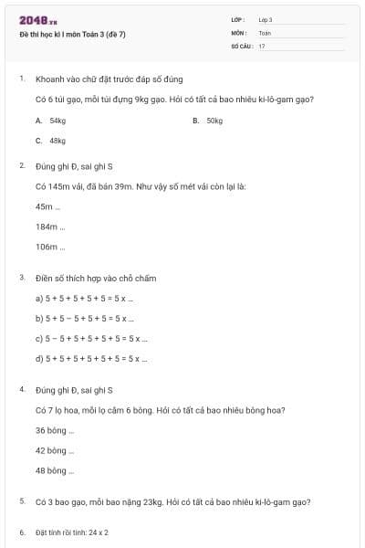 Đề thi học kì I môn Toán 3 (đề 7)