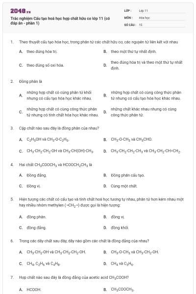 Trắc nghiệm Cấu tạo hoá học hợp chất hữu cơ lớp 11 (có đáp án - phần 1)