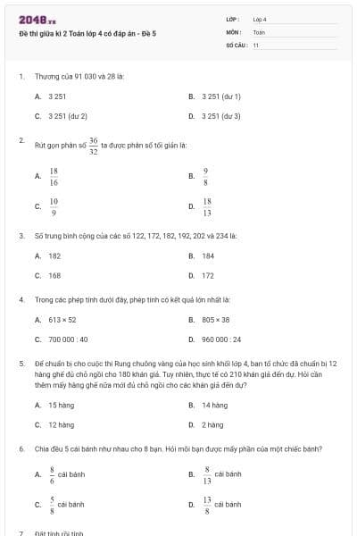 Đề thi giữa kì 2 Toán lớp 4 có đáp án - Đề 5