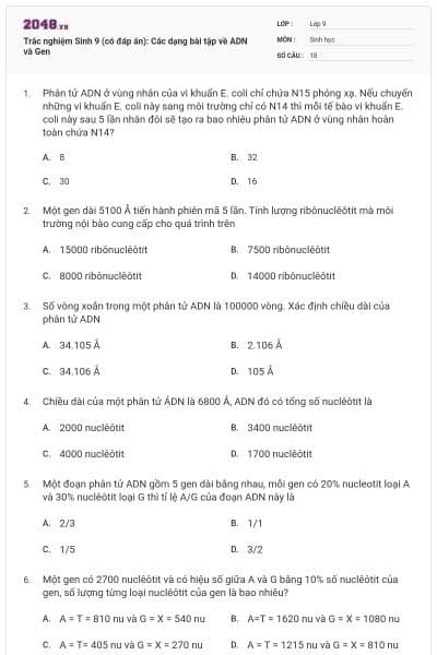 Trắc nghiệm Sinh 9 (có đáp án): Các dạng bài tập về ADN và Gen