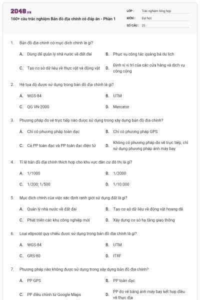 160+ câu trắc nghiệm Bản đồ địa chính có đáp án - Phần 1