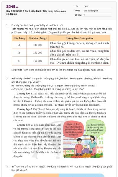 Giải SGK GDCD 9 Cánh diều Bài 8. Tiêu dùng thông minh có đáp án