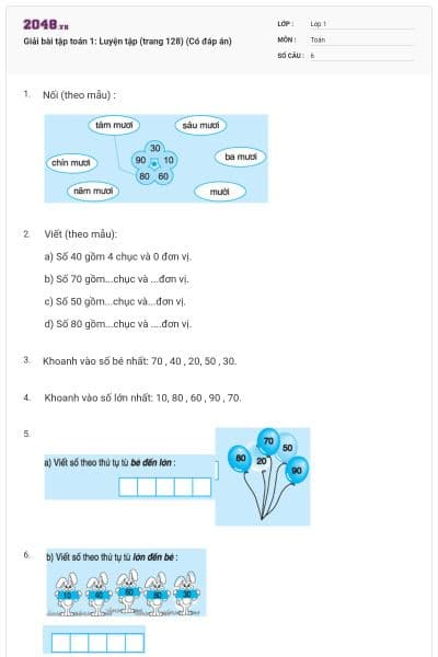 Giải bài tập toán 1: Luyện tập (trang 128) (Có đáp án)