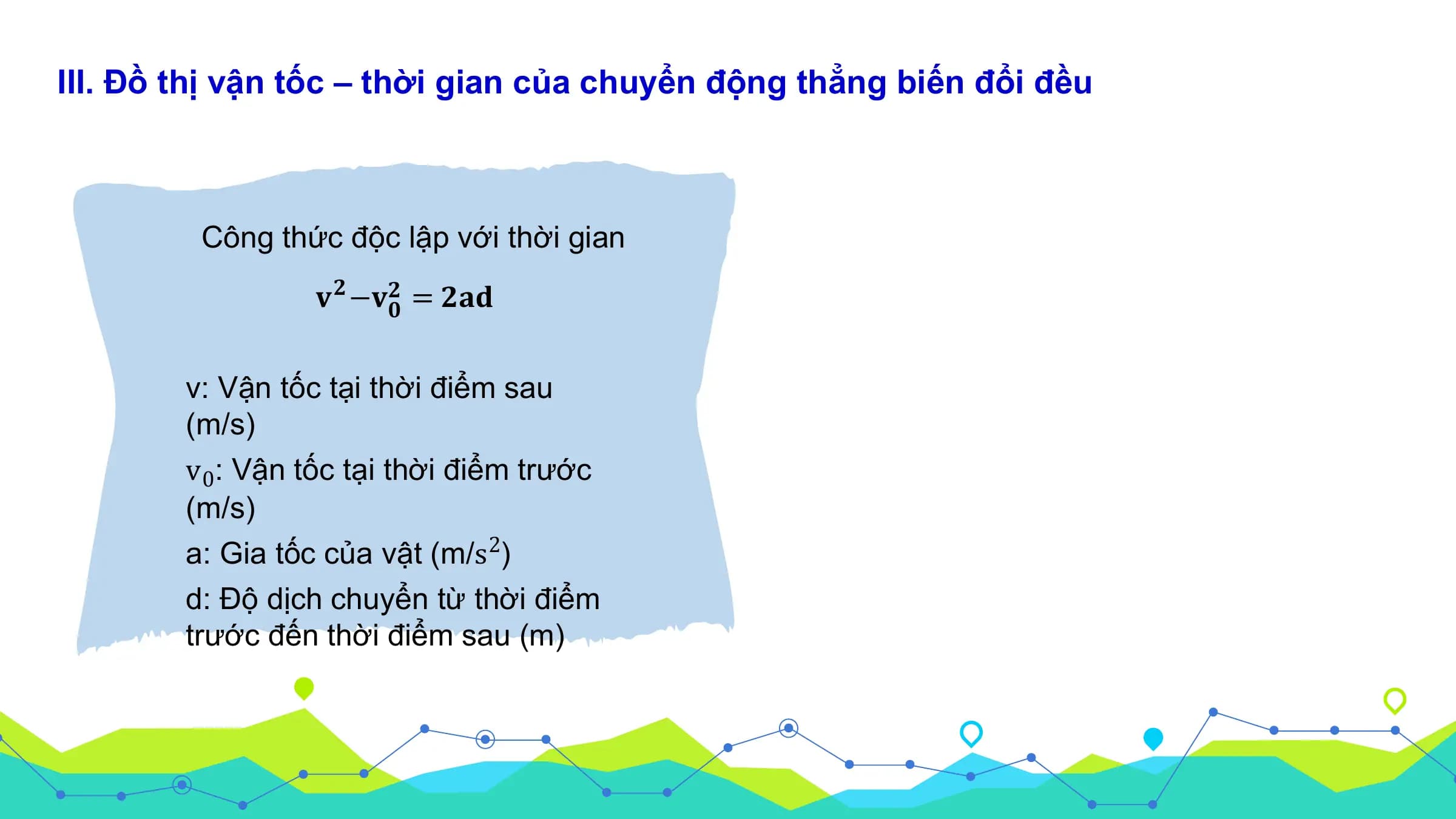 III. Đồ thị vận tốc – thời gian của chuyển động thẳng biến đổi đều

 Công thức độc lập với thời gian
 𝐯𝟐 −𝐯𝟐𝟎 = 𝟐𝐚𝐝

 v: Vận tốc tại thời điểm sau
 (m/s)
 v0: Vận tốc tại thời điểm trước
 (m/s)
 a: Gia tốc của vật (m/s2)
 d: Độ dịch chuyển từ thời điểm
 trước đến thời điểm sau (m)