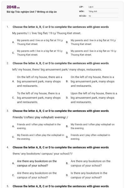 Bài tập Trắc nghiệm Unit 7 Writing có đáp án