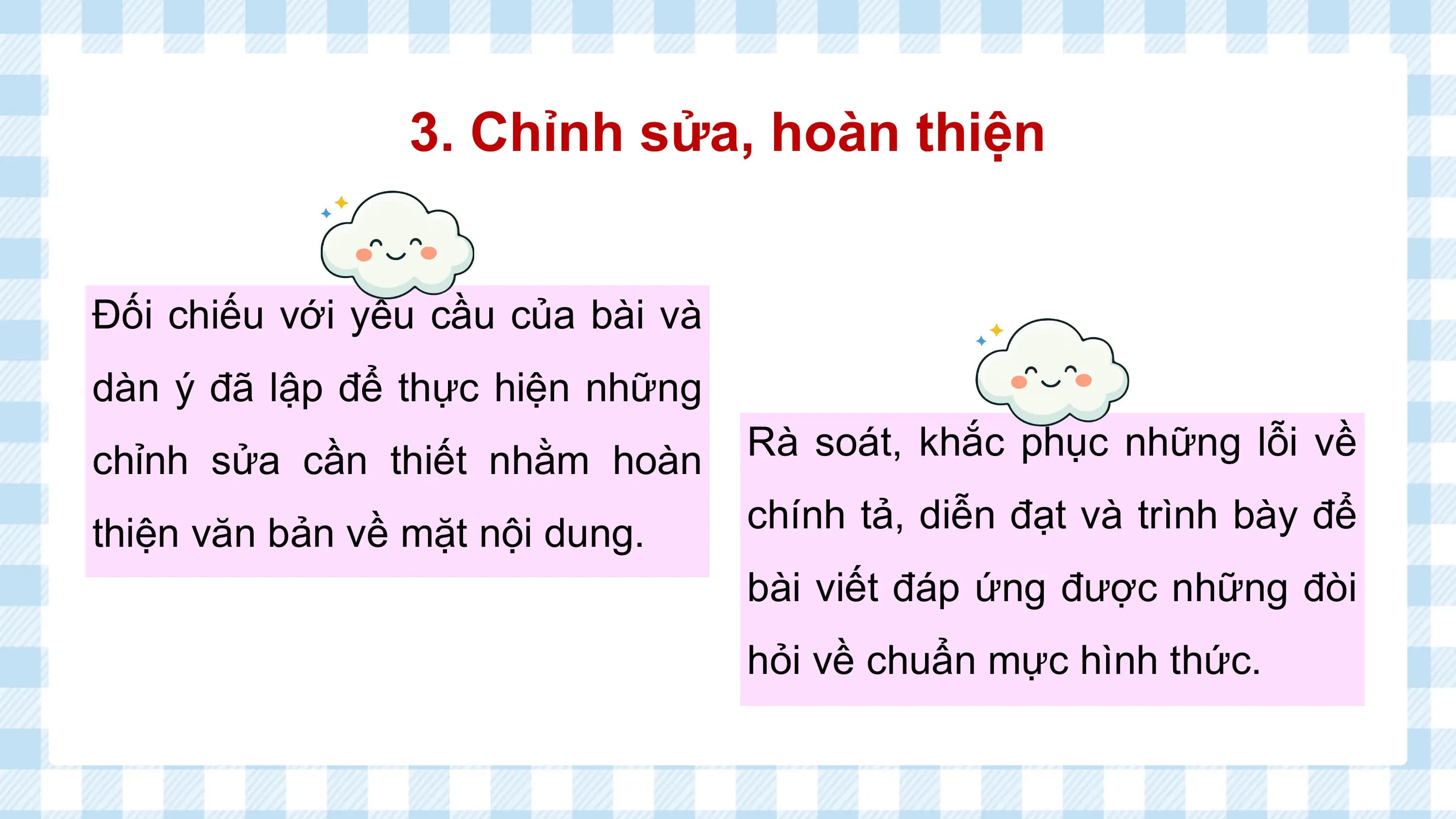 3. Chỉnh sửa, hoàn thiện

Đối chiếu với yêu cầu của bài và
dàn ý đã lập để thực hiện những
chỉnh sửa cần thiết nhằm hoàn Rà soát, khắc phục những lỗi về

thiện văn bản về mặt nội dung. chính tả, diễn đạt và trình bày để
 bài viết đáp ứng được những đòi
 hỏi về chuẩn mực hình thức.