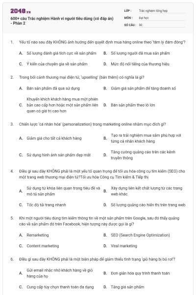 600+ câu Trắc nghiệm Hành vi người tiêu dùng (có đáp án) - Phần 2