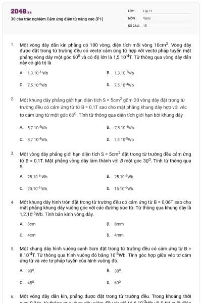 30 câu trắc nghiệm Cảm ứng điện từ nâng cao (P1)